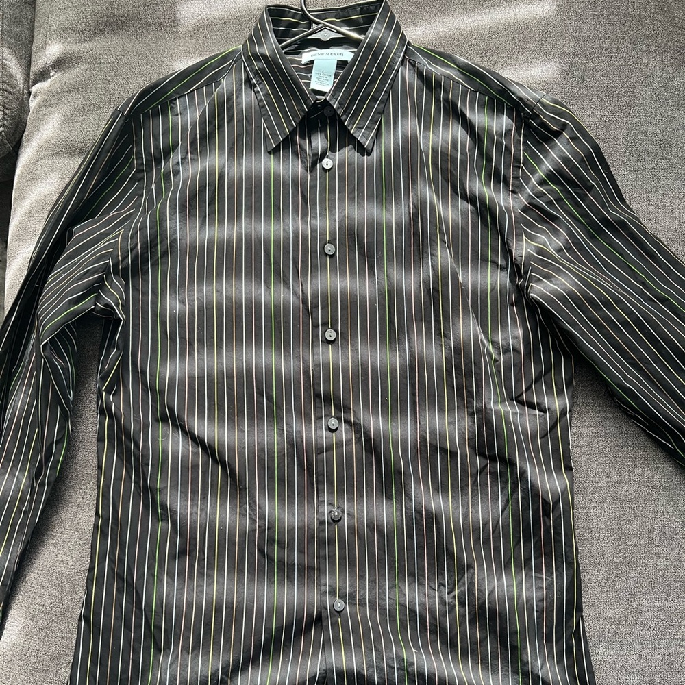 Gene Meyer black button down dress shirt with multi colored vertical stripes